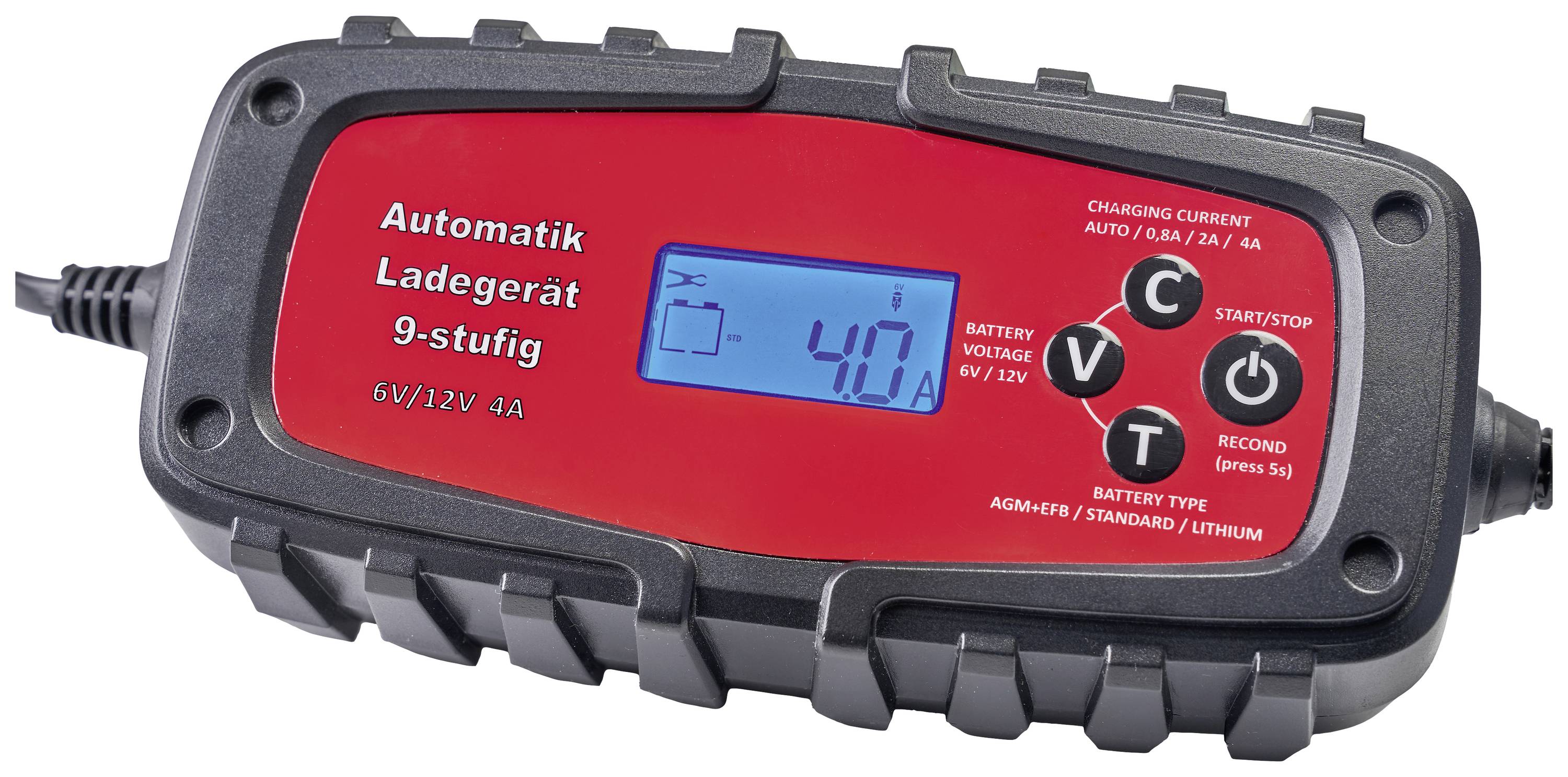 An automatic charger with a digital display. Shows battery status, suitable for 6V/12V batteries. Includes mode selection.