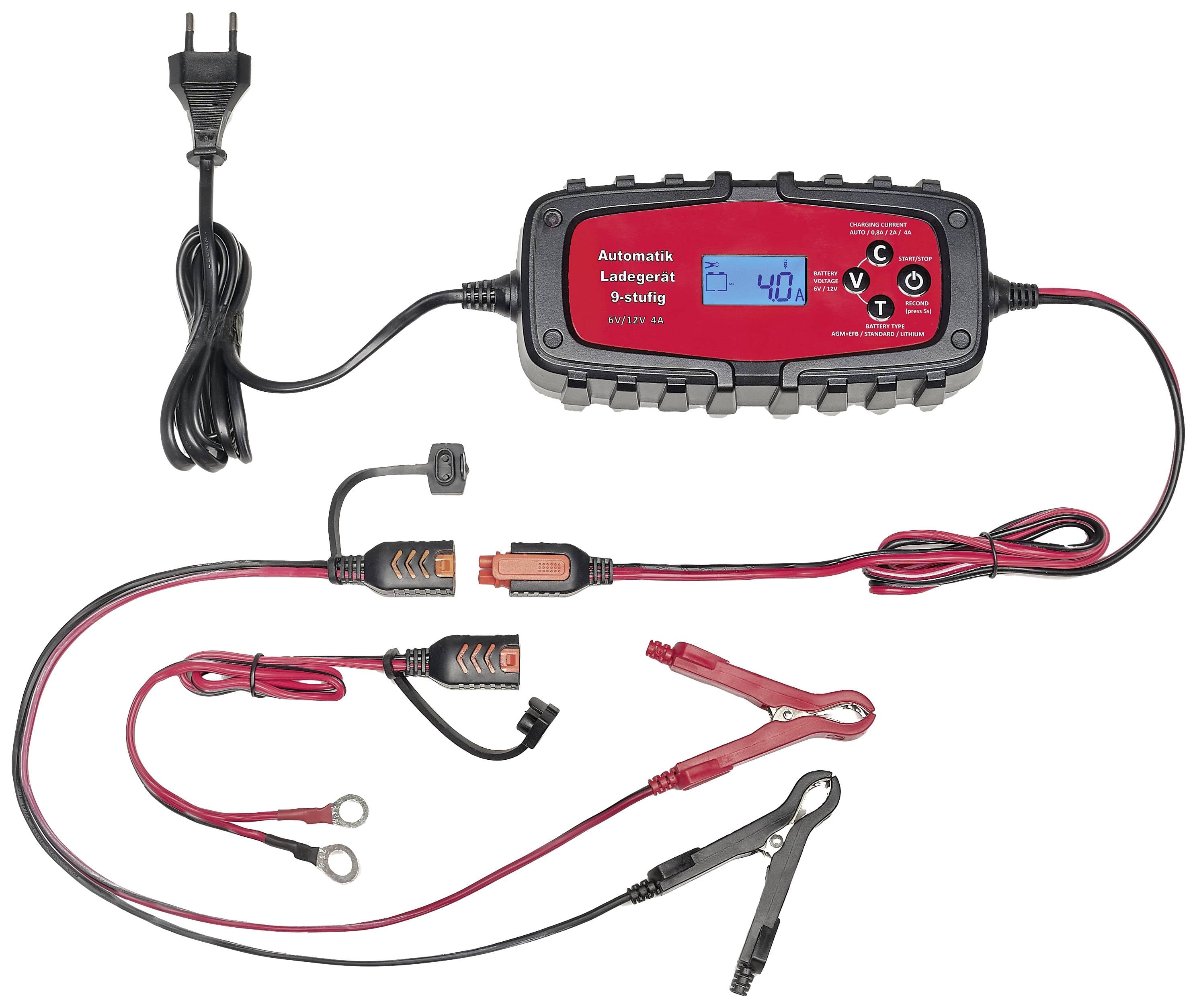 An electronic battery charger with a display shows '12V 4.0A'. Various cables and clamps are included for connection.