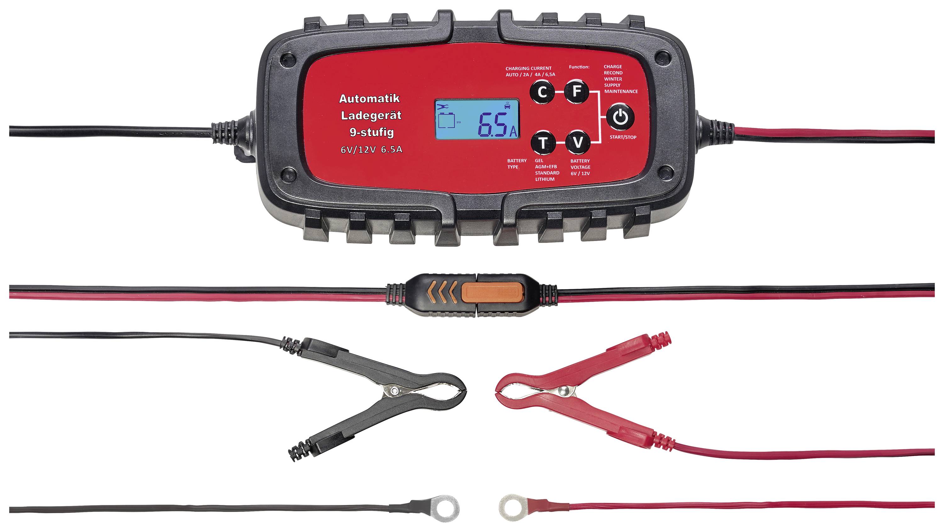 'Automatic Charger 9-Stage 6/12 V - 6 A' with display showing 6.5 V. Device above, red and black cables with clamps below.