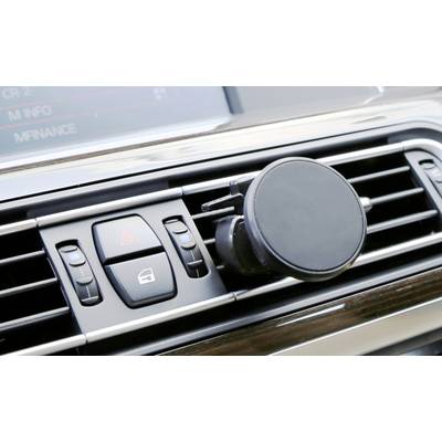 A smartphone mount is attached to the air vents of a car. Beside it are buttons for vehicle controls.