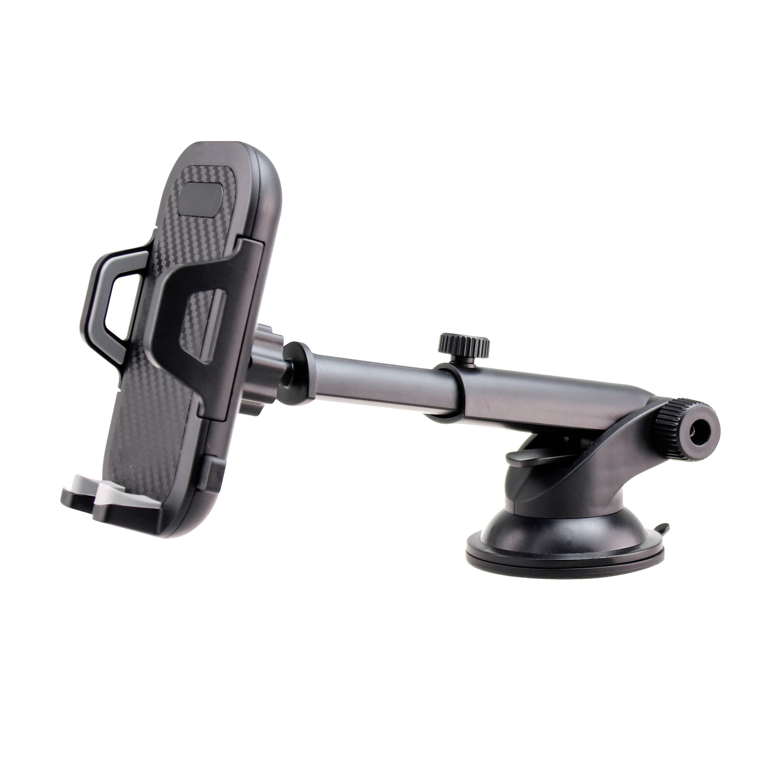 Black mobile phone holder with suction cup, adjustable arm and flexible clamp insert. Suitable for car dashboards or windscreens.
