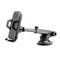 Black mobile phone holder with suction cup, adjustable arm and flexible clamp insert. Suitable for car dashboards or windscreens.