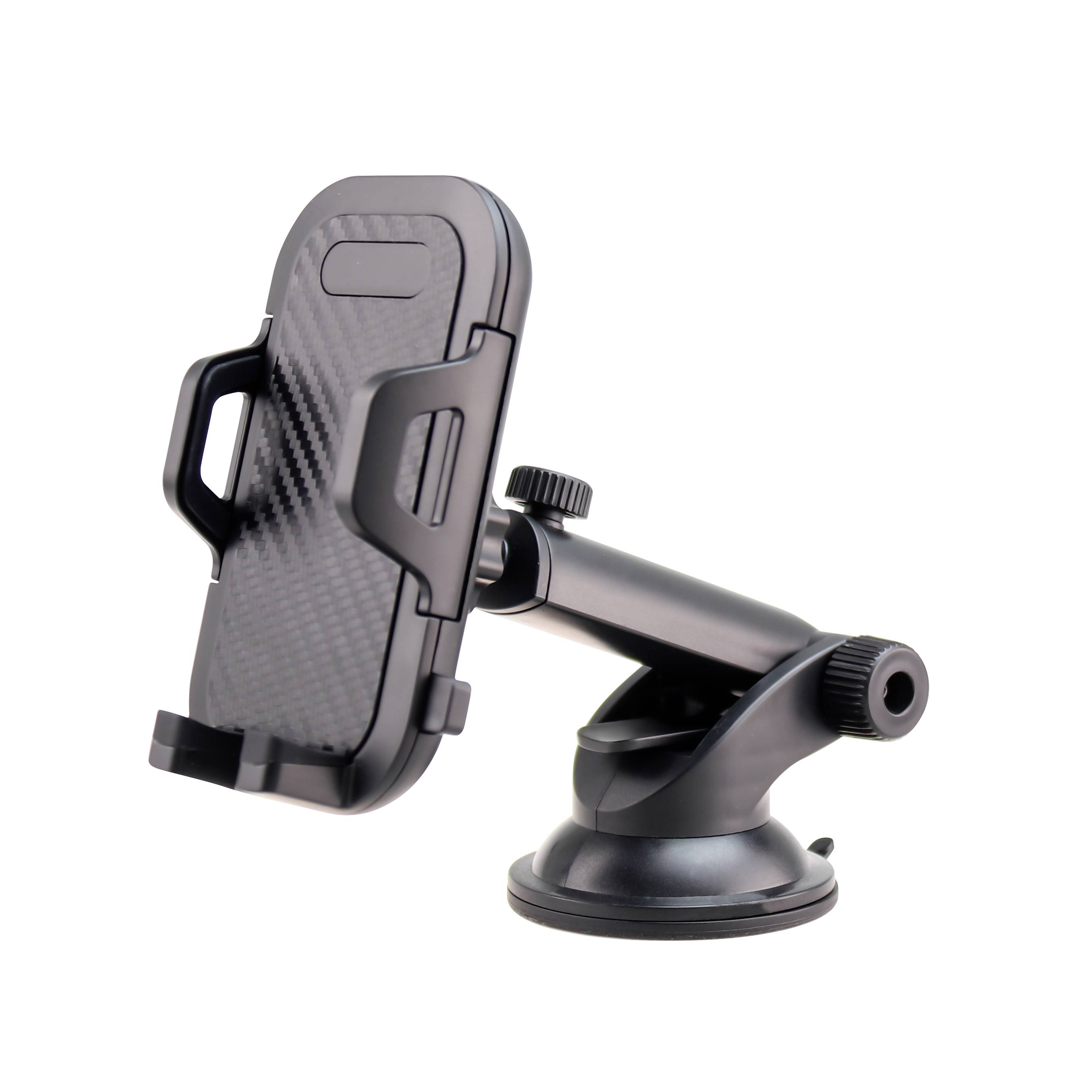 Black smartphone mount with suction cup, adjustable arm and sturdy holding cradle. Suitable for fixing in a vehicle.