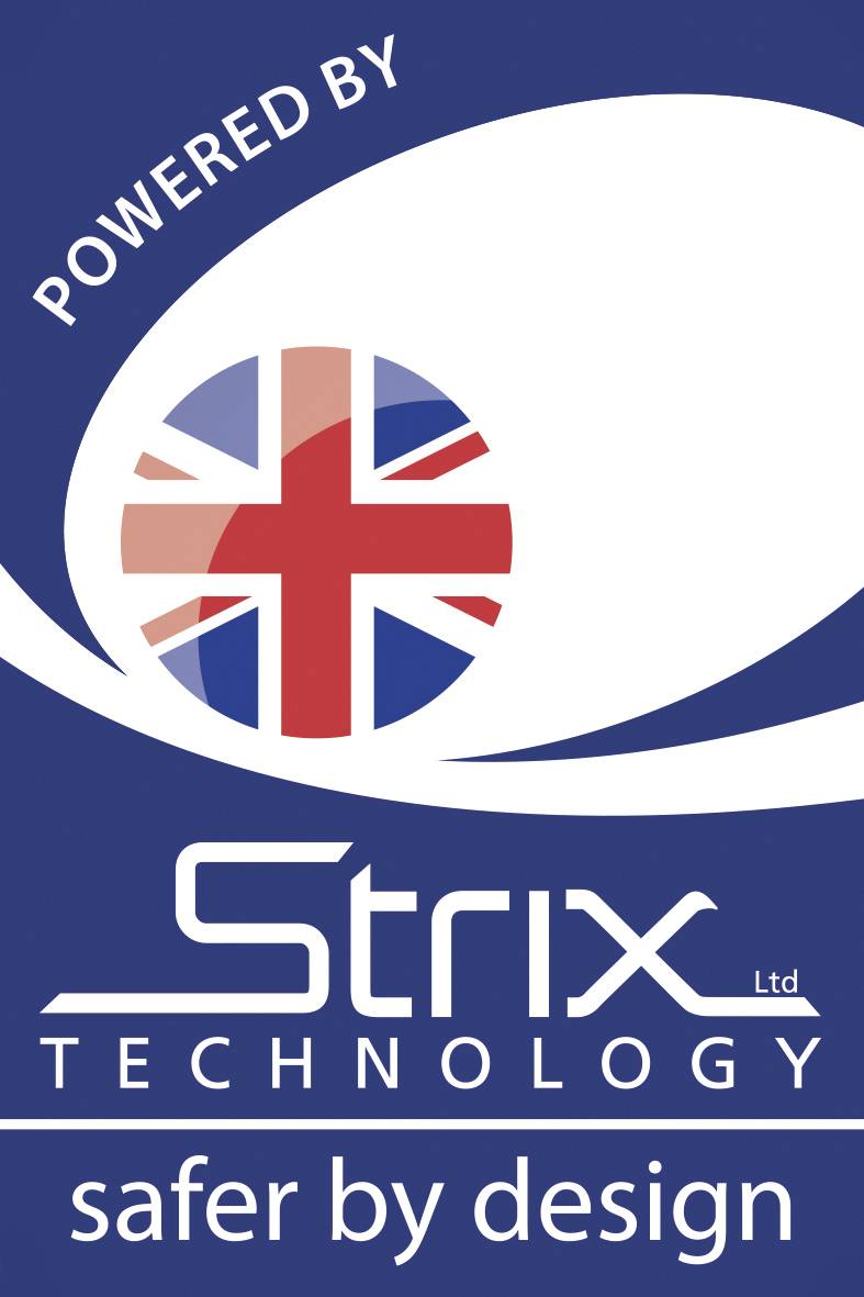 Blue logo with white text reading 'Powered by Strix Technology'. Background featuring the Union Jack. Slogan: 'safer by design'.