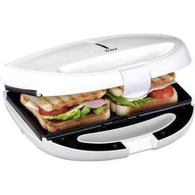 A sandwich maker with its lid open shows two toasts with ham, cheese, tomato, and lettuce, ready to be toasted.