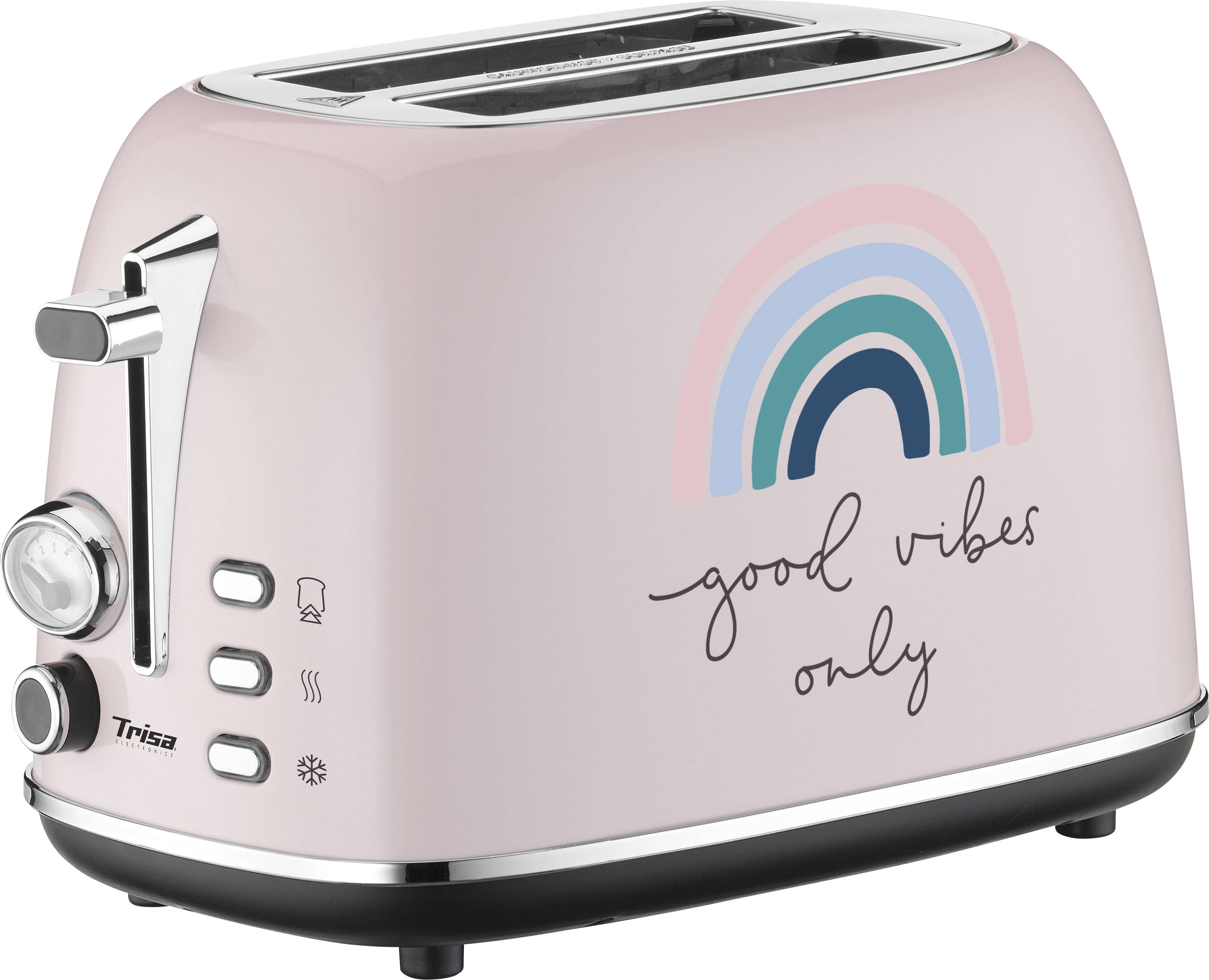 Pink toaster with a rainbow design and the text 'good vibes only'. Heating level control and control buttons on the side.