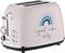Pink toaster with a rainbow design and the text 'good vibes only'. Heating level control and control buttons on the side.