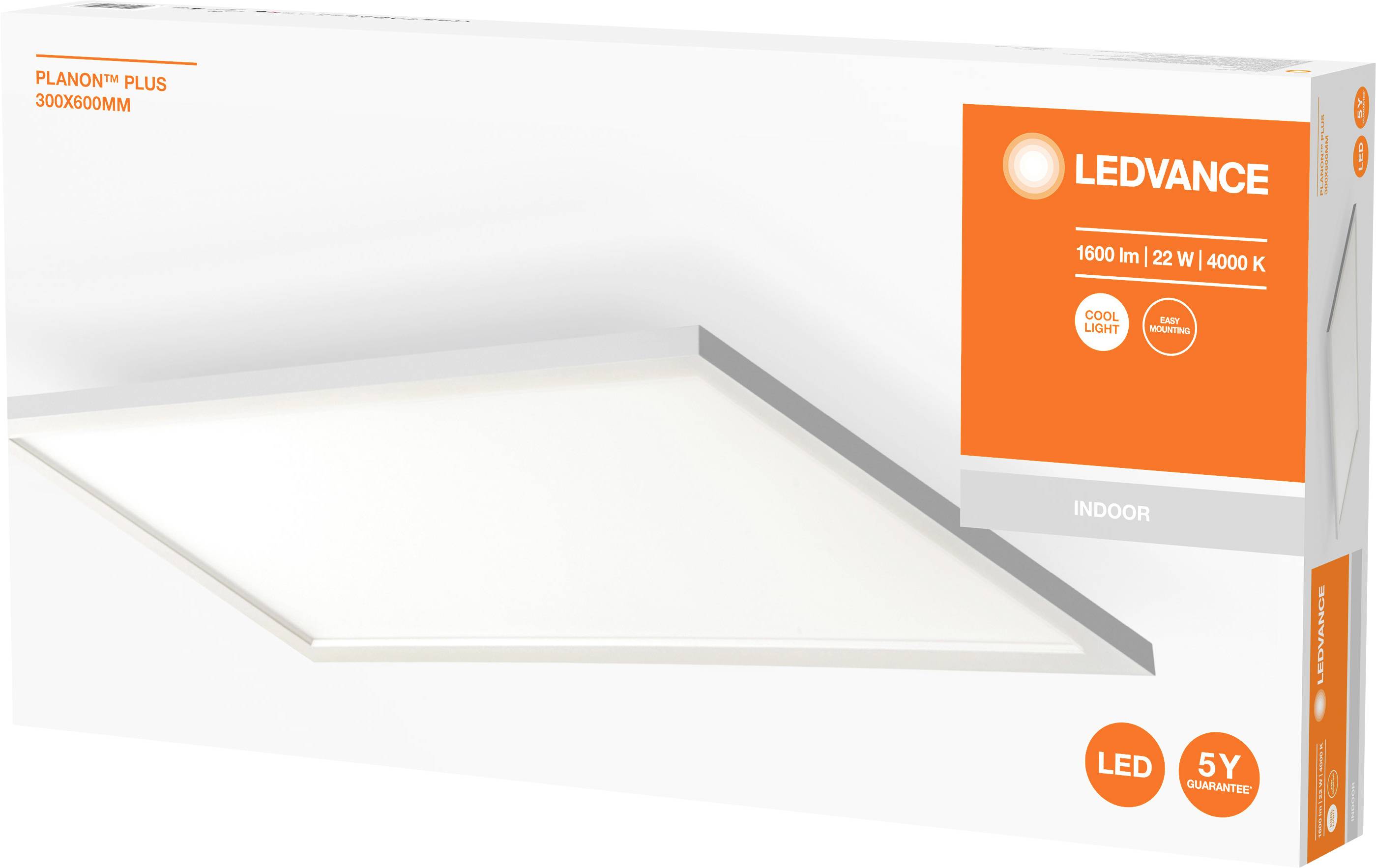 Packaging of an LED ceiling light by Ledvance, model Planon Plus, dimensions 300x600mm, 1600 lumens, 22 watts, 4000 Kelvin.