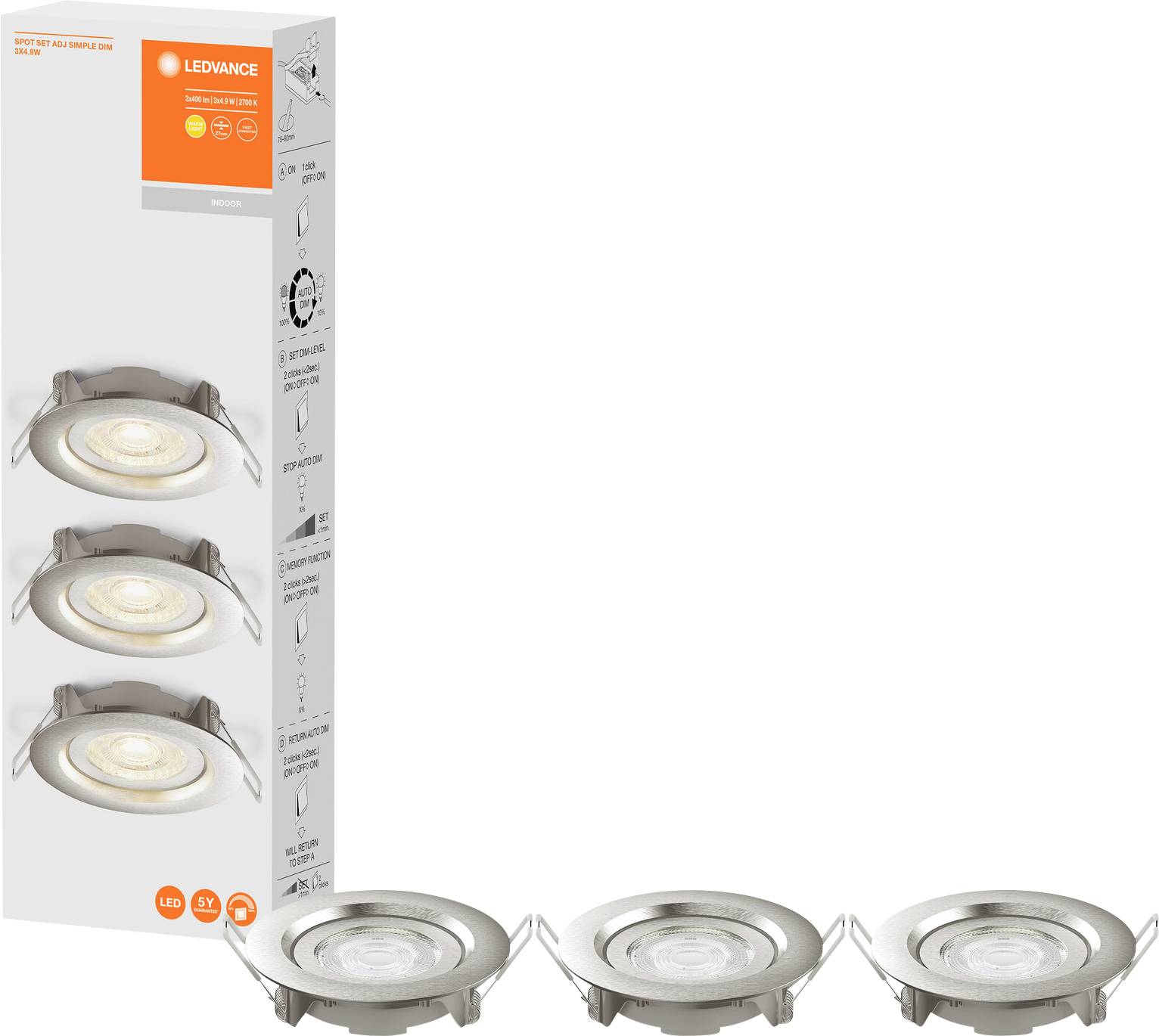 LEDVANCE 4058075617780 LED recessed light 3-piece set LED (monochrome) Built-in LED 4.9 W White