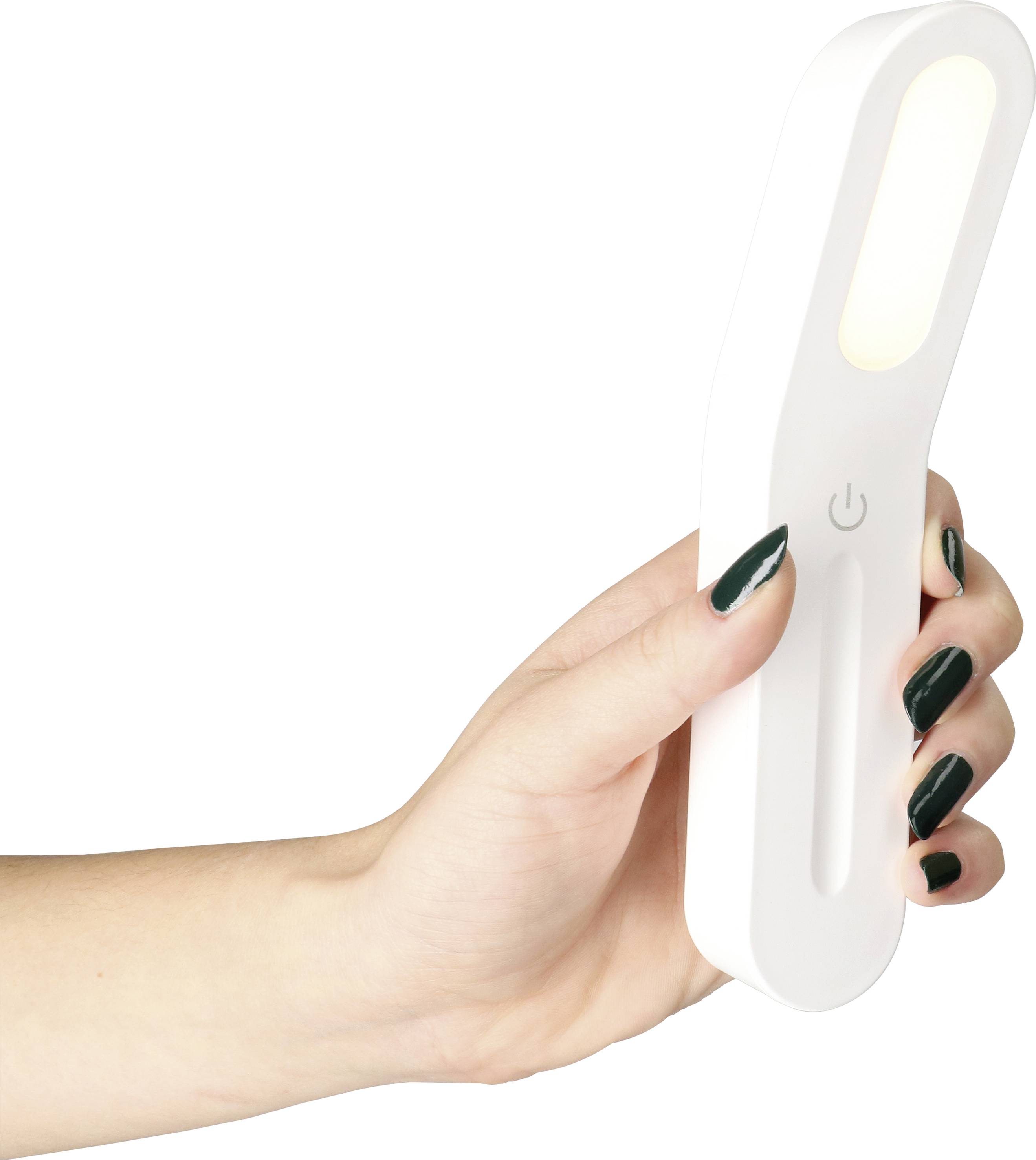 A hand is holding a white, portable lamp with a slender, illuminated section and an on/off button in the centre.
