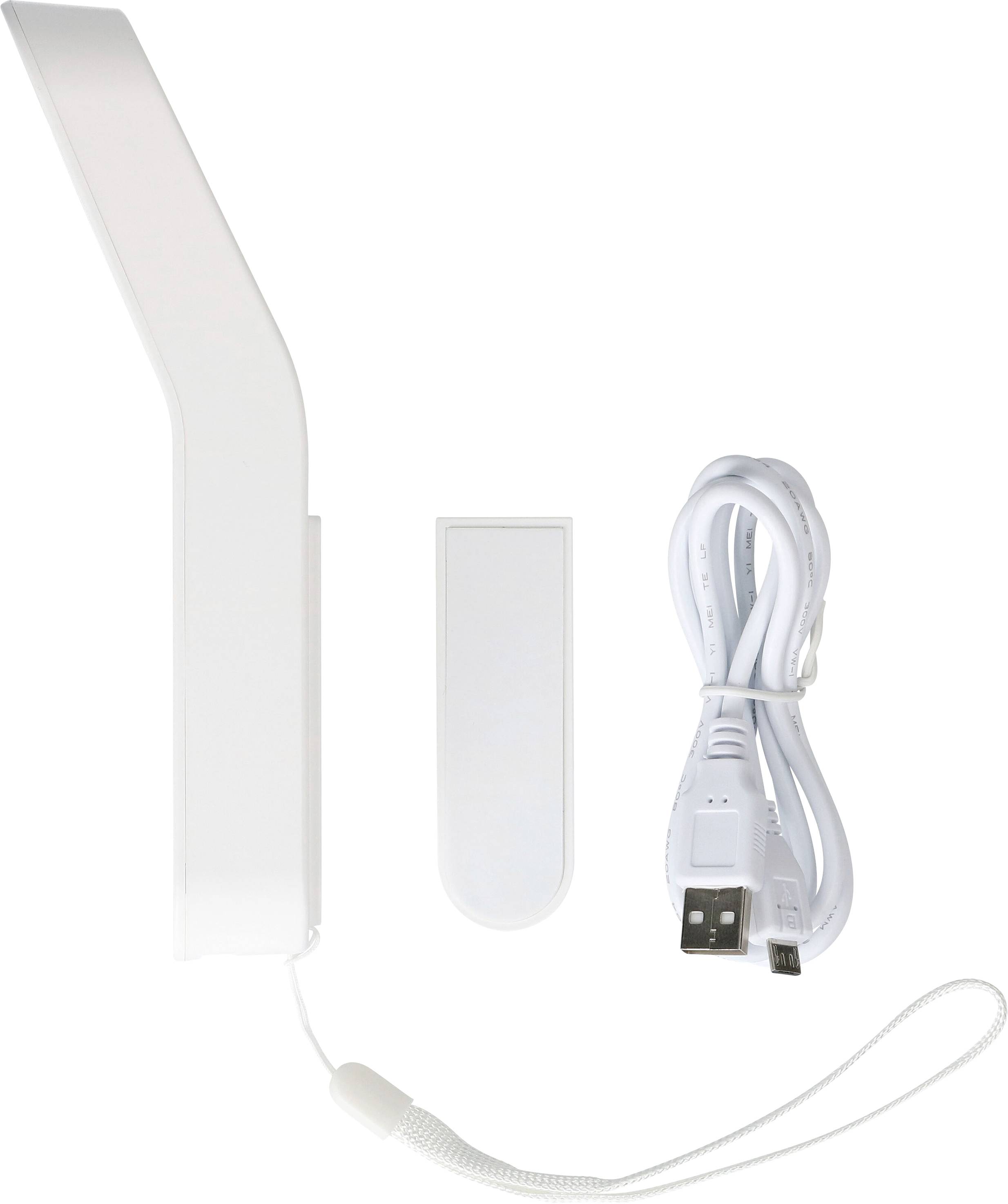 A white LED desk lamp with USB cable and wall mount. The lamp features a minimalist, modern design.