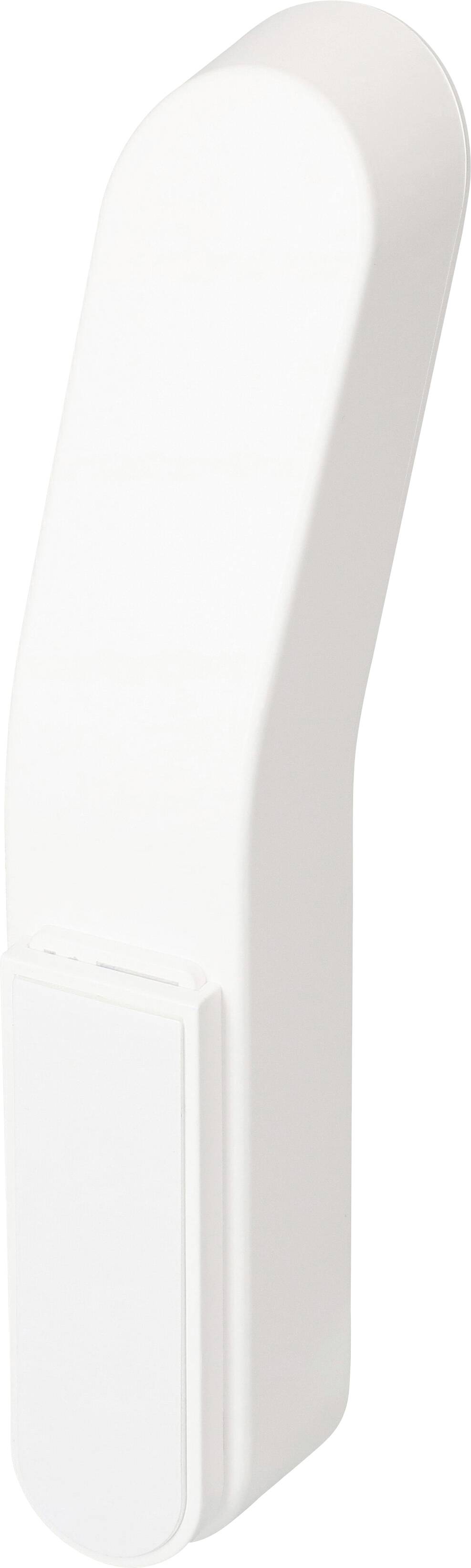 A white, slim plastic hook with a smooth surface and rounded edges, suitable for mounting on a wall.