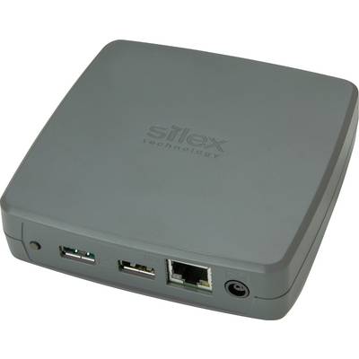 A grey network adapter with USB and Ethernet ports, with 'Silex Technology' printed on the top.