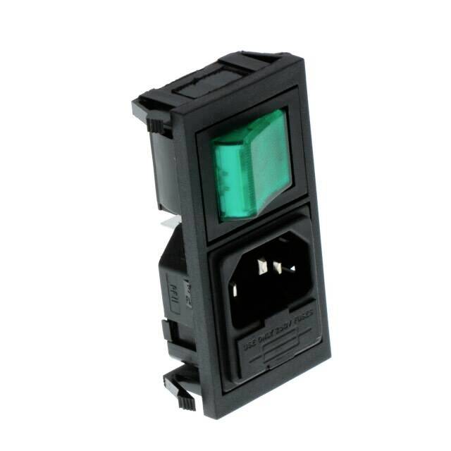 Black device switch with green rocker switch and integrated socket connection, suitable for electronic devices.