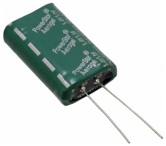 A green cylindrical capacitor with silver leads, labeled 'PowerStor Aerogel', rated 5.5V and 1.5F, used in electronic circuits.