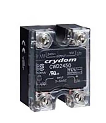 A black electric relay housing with screw terminals and the inscription 'Crydom CWD2450'. Used for controlling electrical circuits.