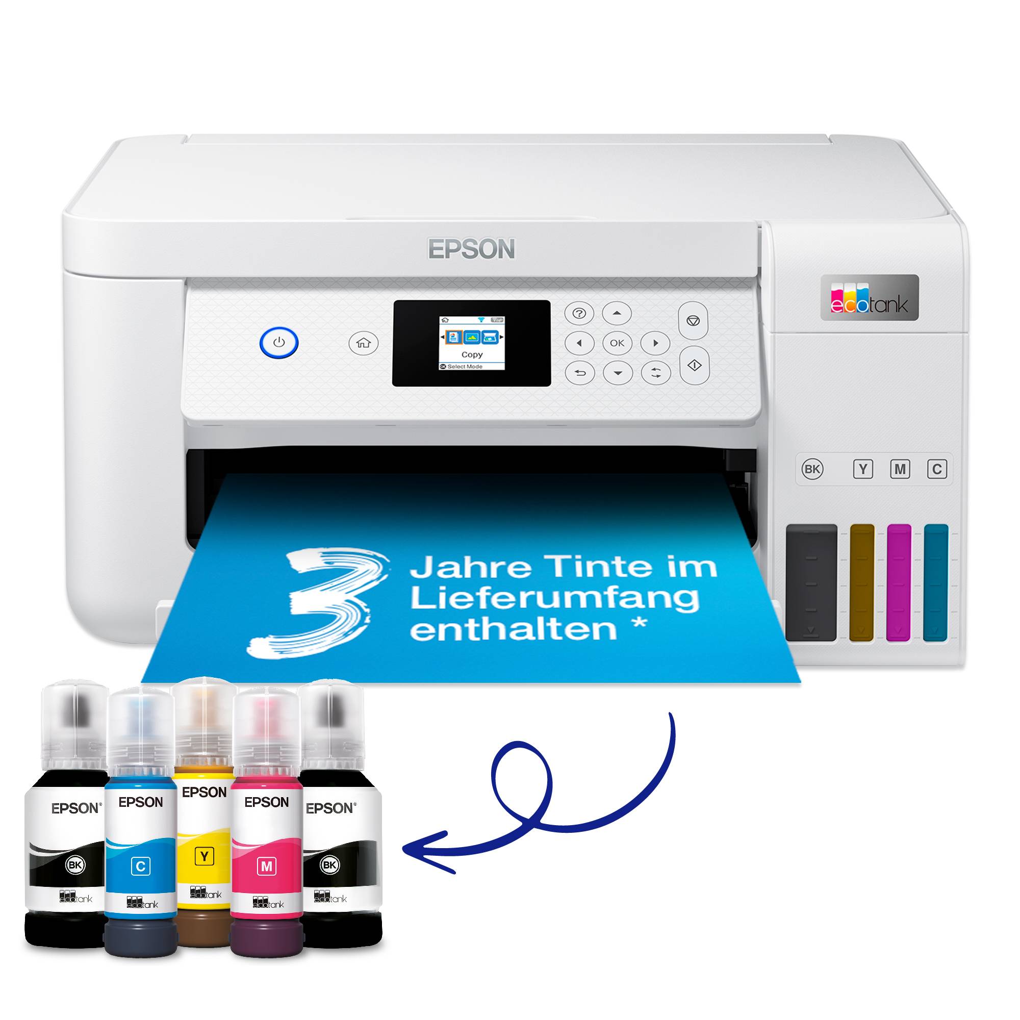 A white printer with a display and ink containers; it is printing a sheet that reads '3 years of ink included'. Four ink bottles are shown at the bottom.