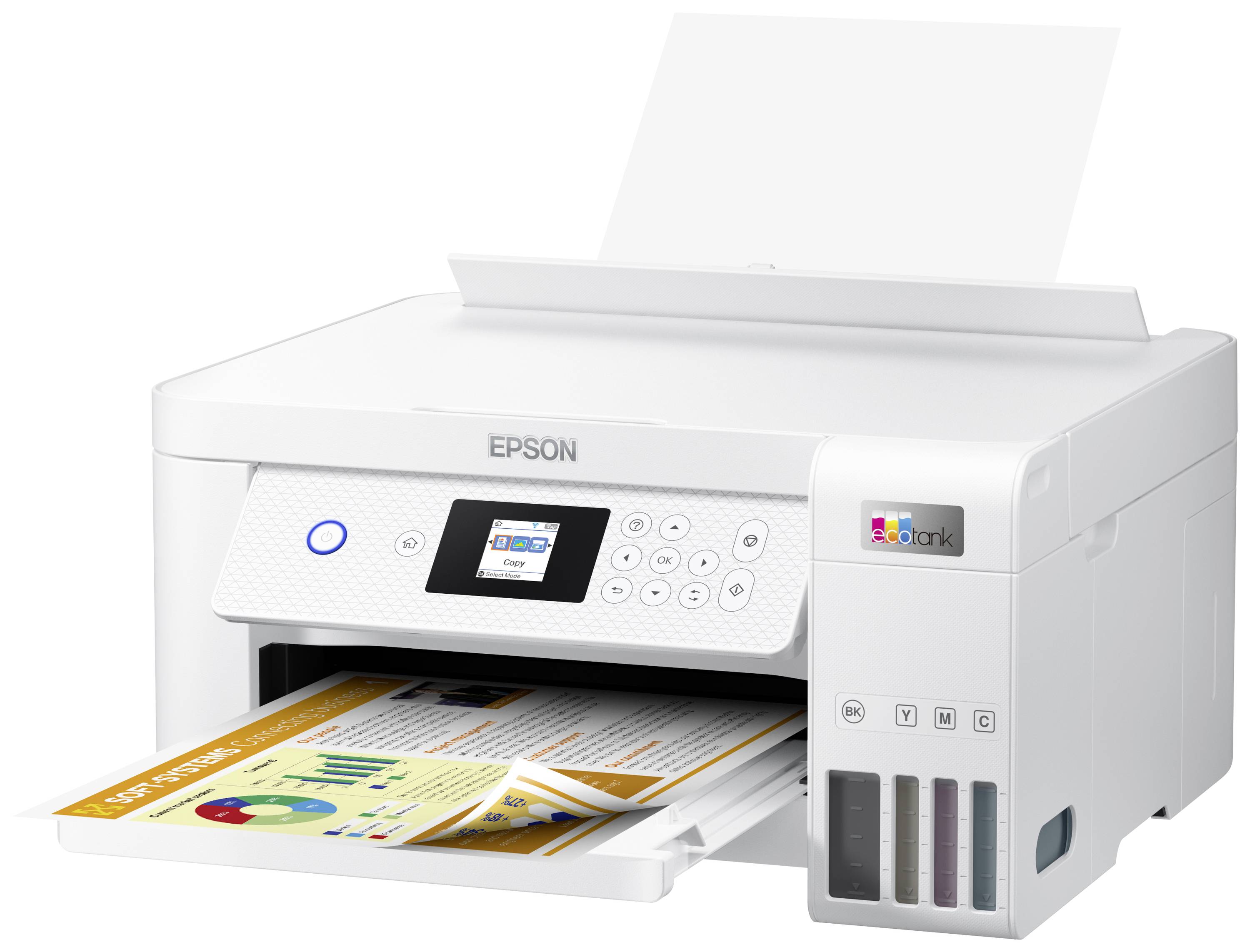 A white Epson printer is outputting a sheet with coloured graphics and text. The printer has a small screen and buttons on the front.