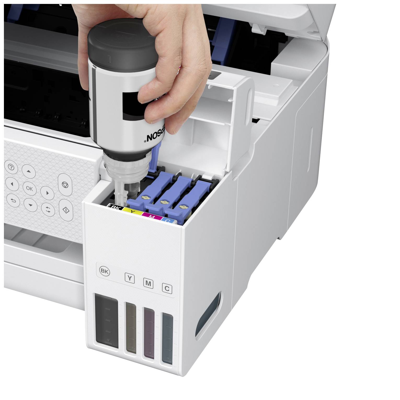 A hand is filling ink into a printer tank with letter markings. The device shows ink tanks in the colours Black, Yellow, Magenta and Cyan.