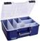 Open blue toolbox with a transparent lid and multiple compartments for sorting tools or small parts.