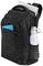 Black rucksack with laptop compartment, tablet pocket and water bottle holder. Contains a laptop and a blue notebook.