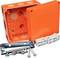 Electrical junction box made of orange plastic with a removable lid. Includes mounting accessories such as bracket, screws and cable clips.
