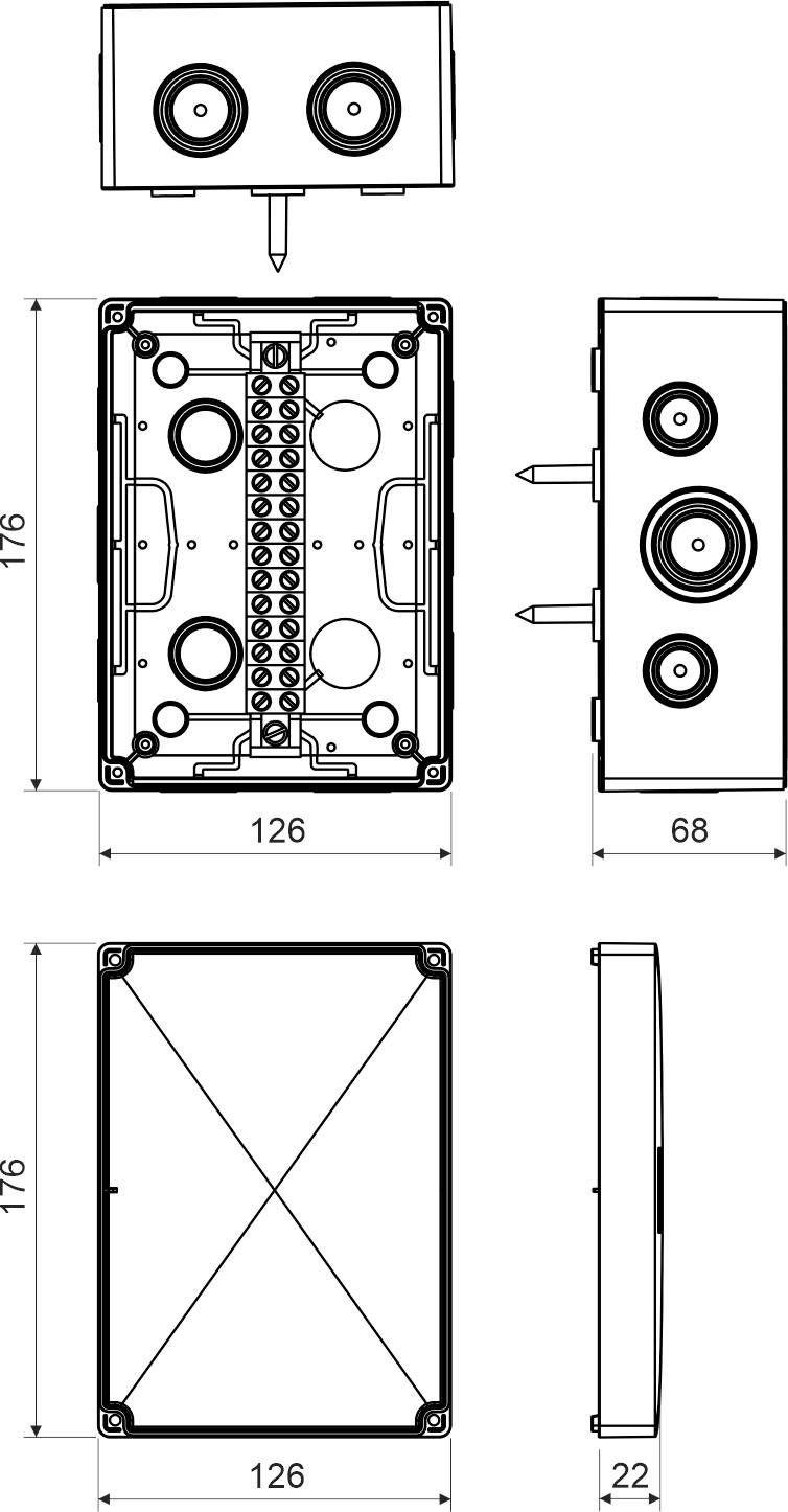 Technical drawing of a rectangular enclosure with dimensions: 176 x 126 x 68 mm. Shows front, side, and rear views.