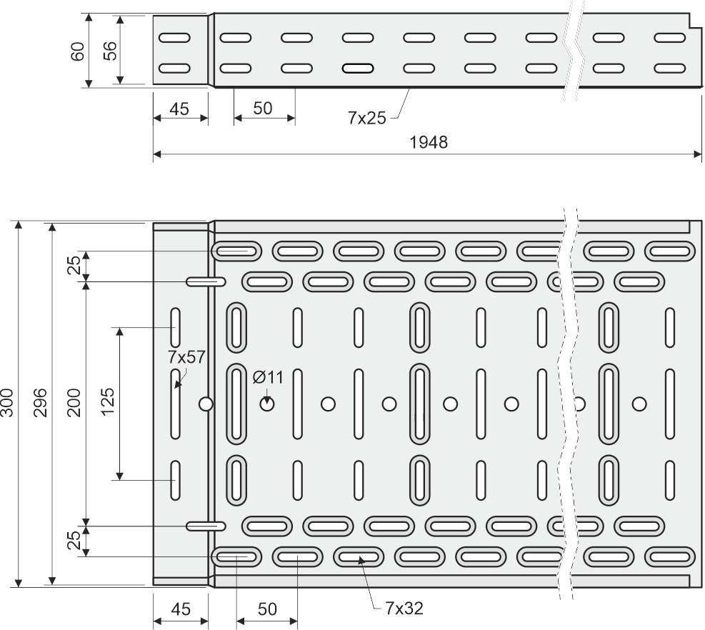 Technical drawing of a metal channel: Top and side views with dimensions in millimetres. Slots and holes are evenly distributed.