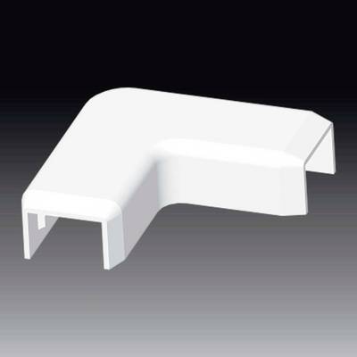 White L-shaped plastic corner connector used for joining cable trunking at corners, against a dark background.