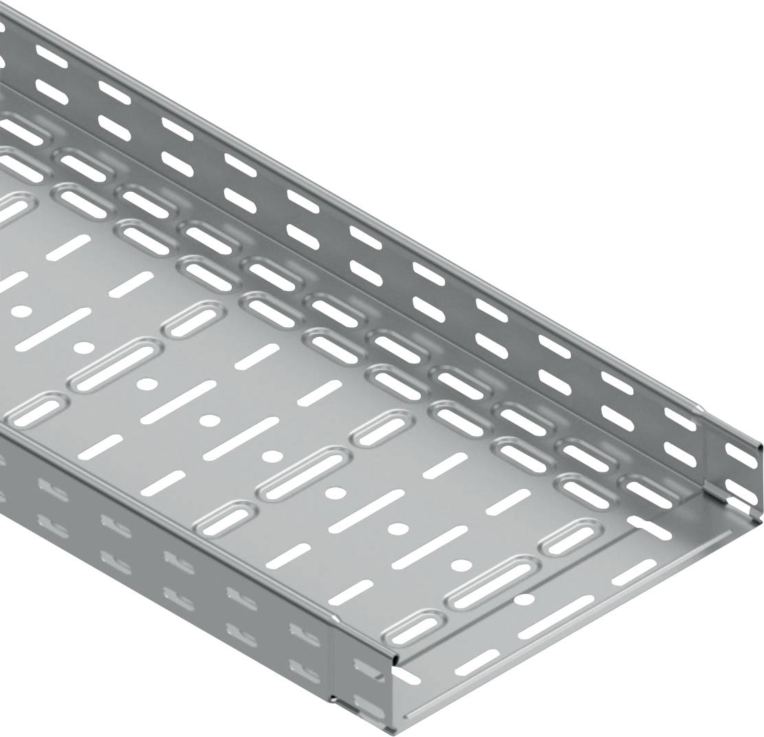 A silver metal cable management system with lateral ventilation holes for housing and organising cables.