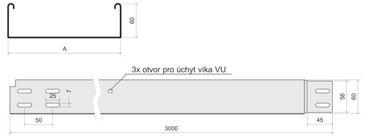 'Diagram of a metal bracket with three slots marked "3x otvor pro uchyt vika VU". Dimensions: length 3000 mm, height 80 mm, width 56 mm.'
