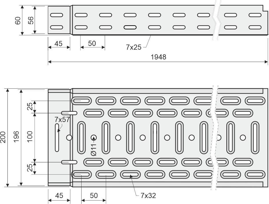 Technical drawing of a metal bearer with slots and holes, dimensions and distances specified in millimetres, top view and side view.