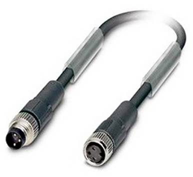 Black round cable with two grey connectors at the ends, one male and one female, for data transmission.