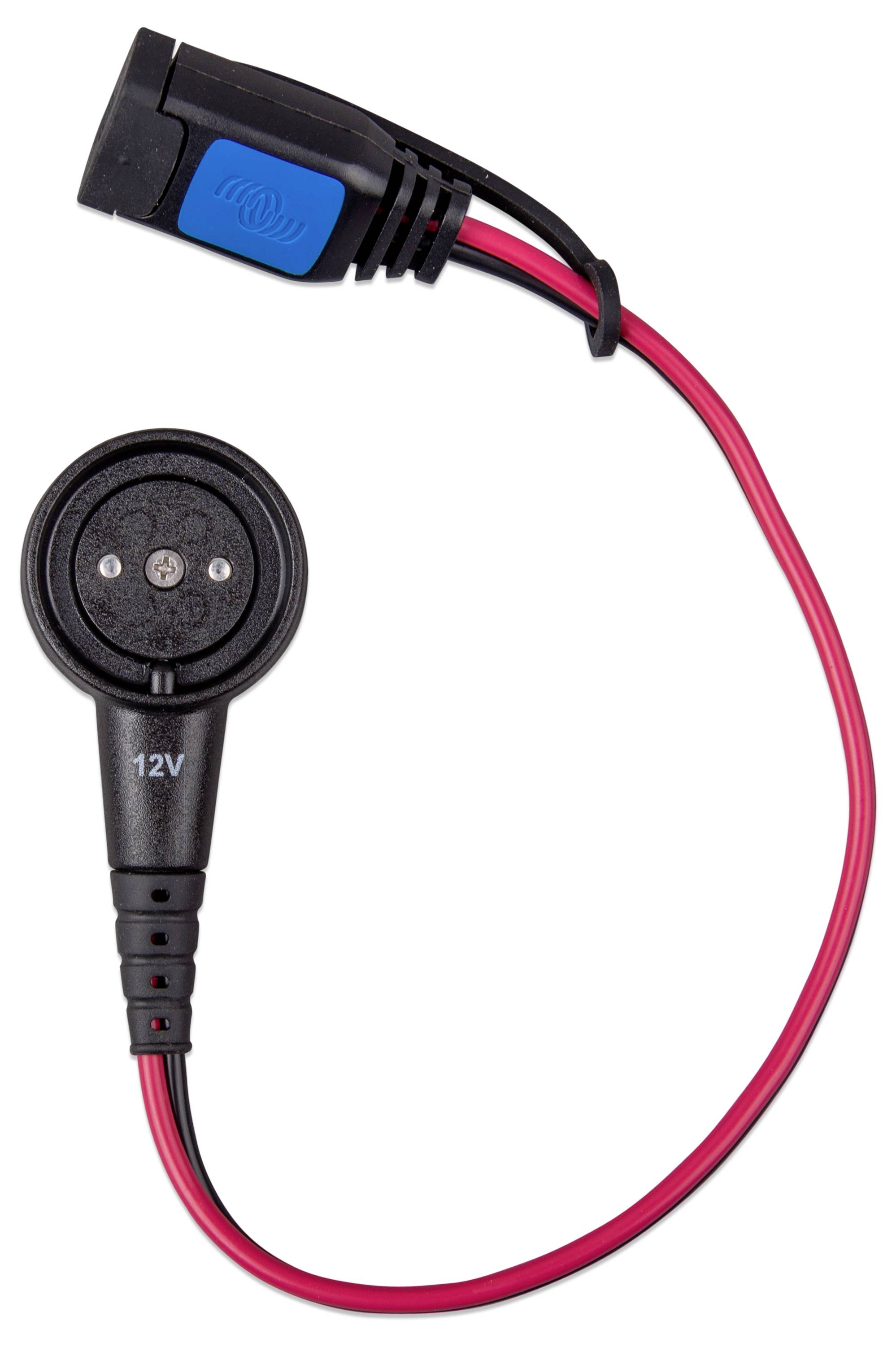 A 12V power connector with red and black wires extending from a circular plug, featuring a blue tab on the black cable's end.