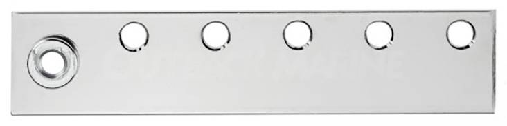 Metal plate with six round holes; one larger with a reinforced edge.