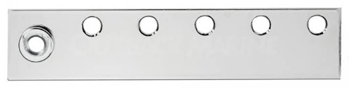 Metal plate with five round holes in a row and a larger bore on the left.