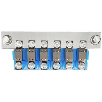 A metal rail with seven blue electrical fuses, secured by screws.