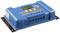 A blue solar charge controller with digital displays and multiple connections. Shows a voltage of 14.4V.