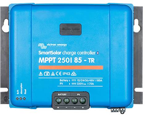 Blue Victron Energy SmartSolar Charge Controller, Model MPPT 250/85-TR, shows battery connections and current specifications.