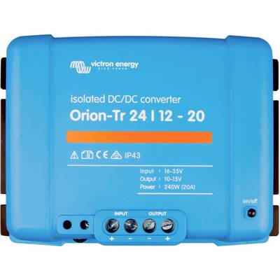 A blue direct current converter 'Orion-Tr 24 | 12 - 20' by Victron Energy, with input and output specifications, IP43 protection rating.