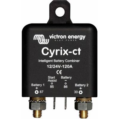 A black battery combination device by Victron Energy with the inscription 'Cyrix-ct Intelligent Battery Combiner 12/24V-120A'.