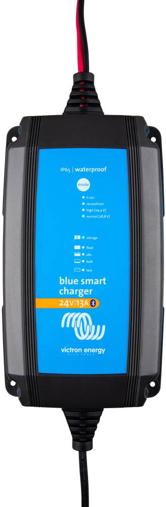 A blue, waterproof charger with the inscription 'Blue Smart Charger 24V 13A' from Victron Energy, displaying charging states.