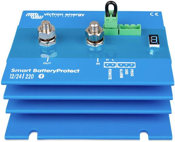 Blue Smart Battery Protect device with connection terminals and digital display, used for battery maintenance in electrical systems.