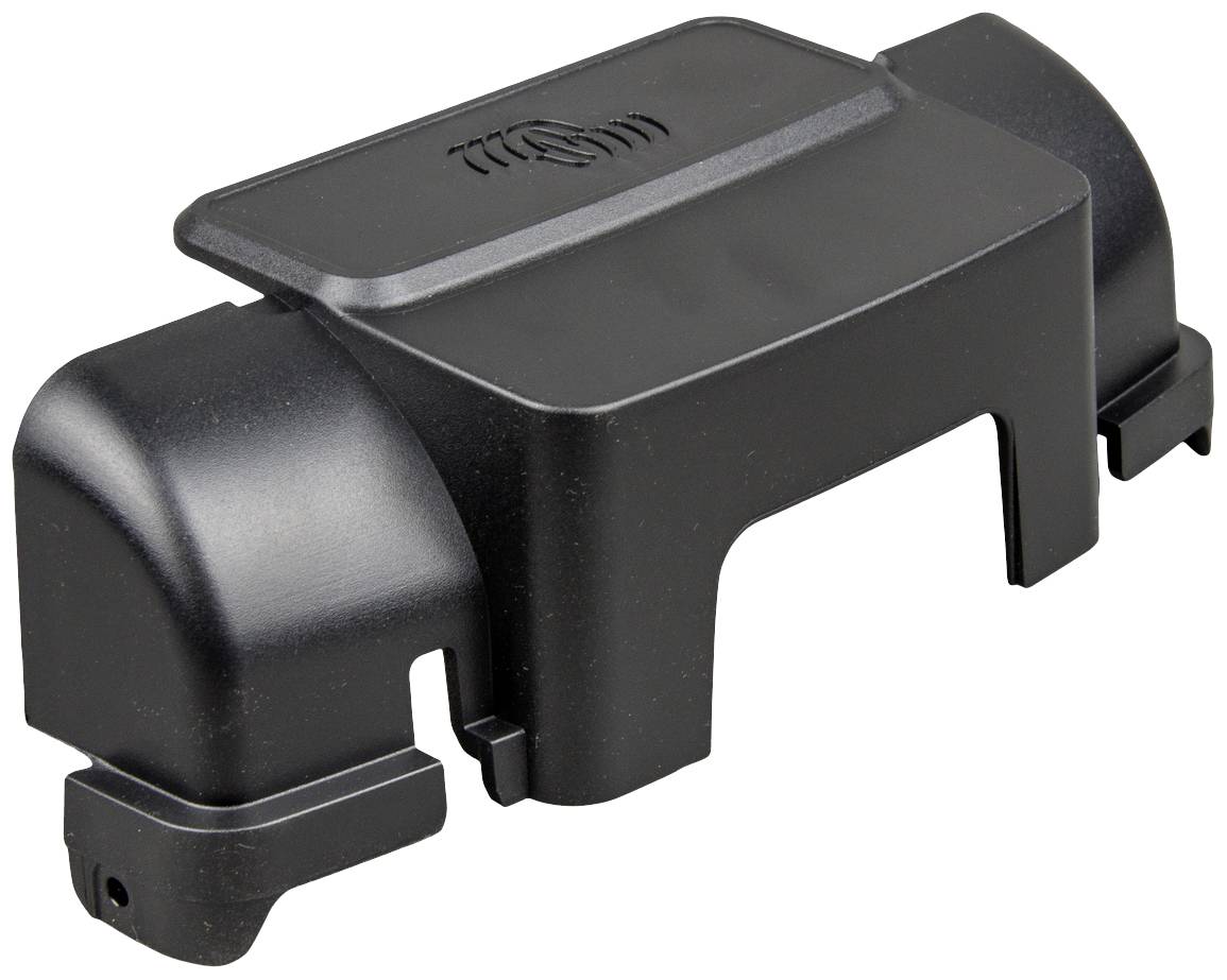 Black, rectangular plastic enclosure with a smooth surface and side openings, suitable for protecting electronic components.
