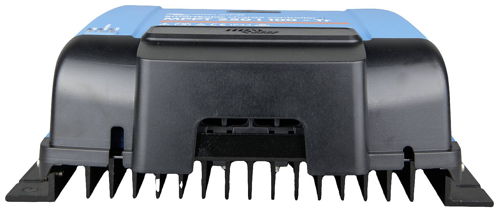 Front view of an electric shaver with a blue casing and black trimmer attachments.