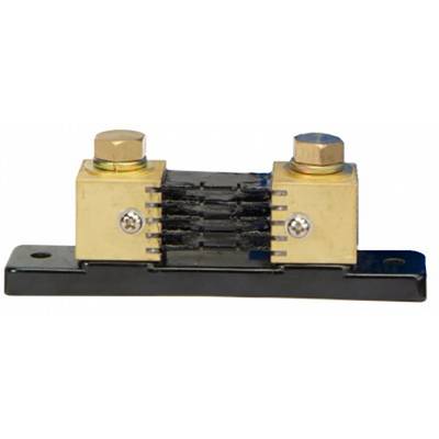 An electrical shunt with two brass terminals, connected by a black-insulated component, mounted on a black base.