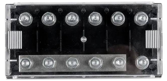 'Black and silver metal junction block with eight terminal screws in two rows for electrical connections.'