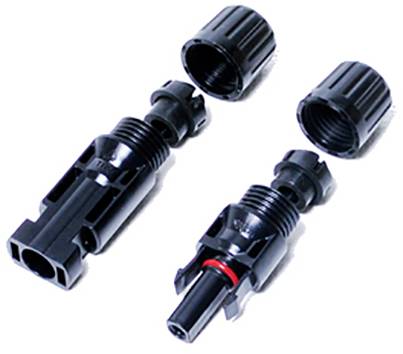 Two black solar cable connectors with removable screws. One shows the plug, the other the socket.