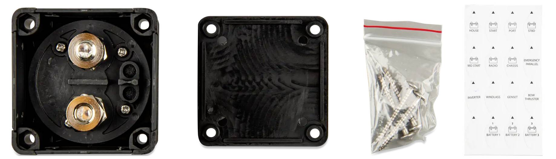 'A black electrical junction box with two copper connectors is shown. Accompanied by a sealed plastic bag with screws and a label sheet.'