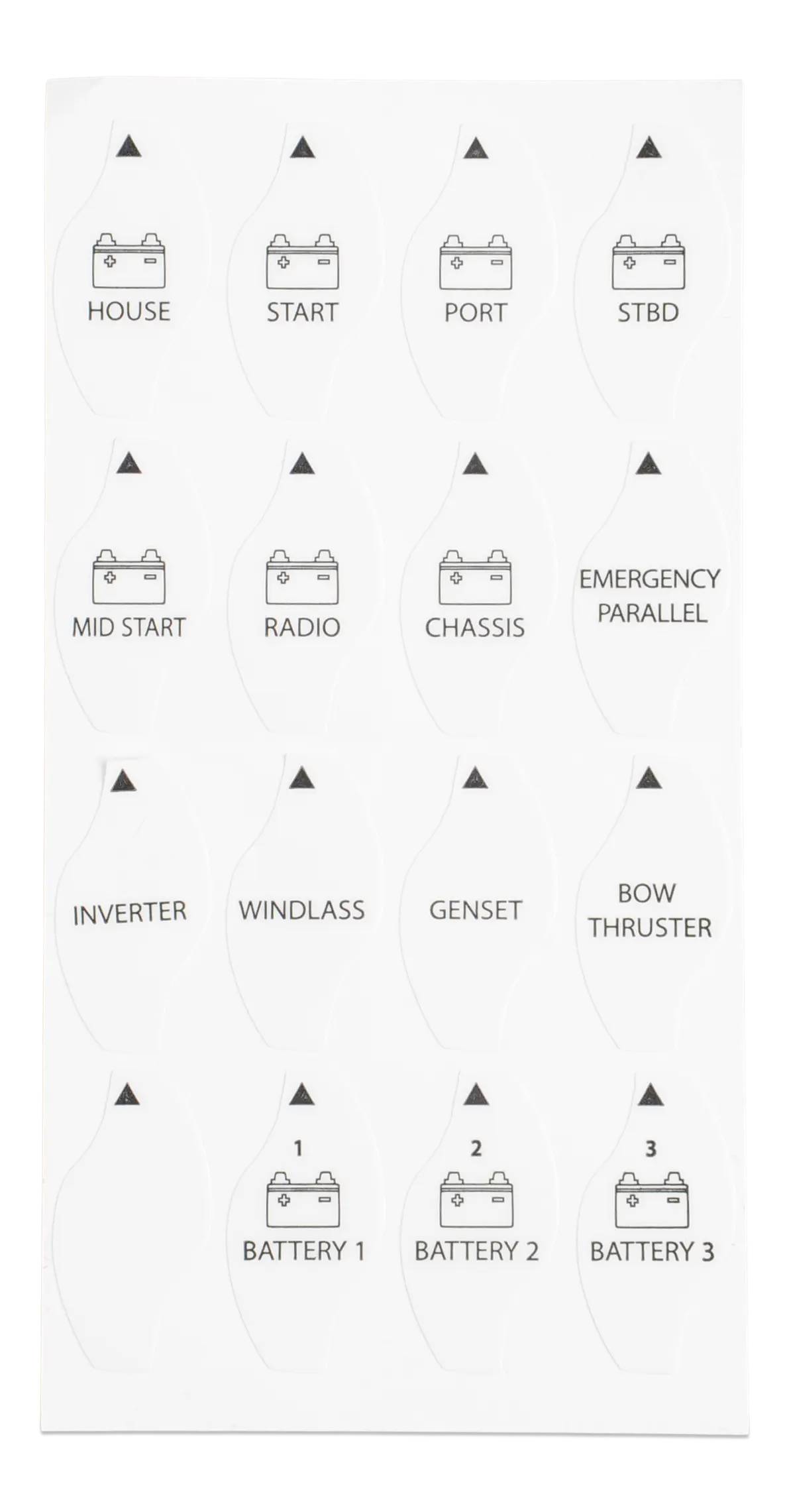 Diagram of a switch panel with labeled icons: 'House,' 'Start,' 'Port,' 'Stbd,' 'Mid Start,' 'Radio,' 'Chassis,' 'Emergency Parallel,' 'Inverter,' 'Windlass,' 'Genset,' 'Bow Thruster,' 'Battery 1,' 'Battery 2,' 'Battery 3.'